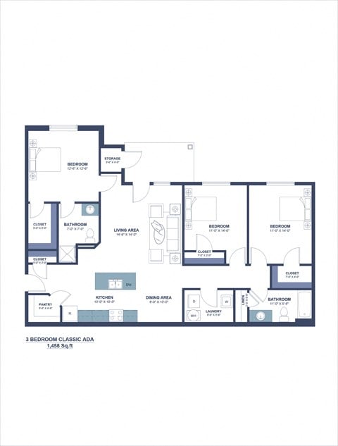 Floor plan for 3 beds, 2 baths, 1458 sqft